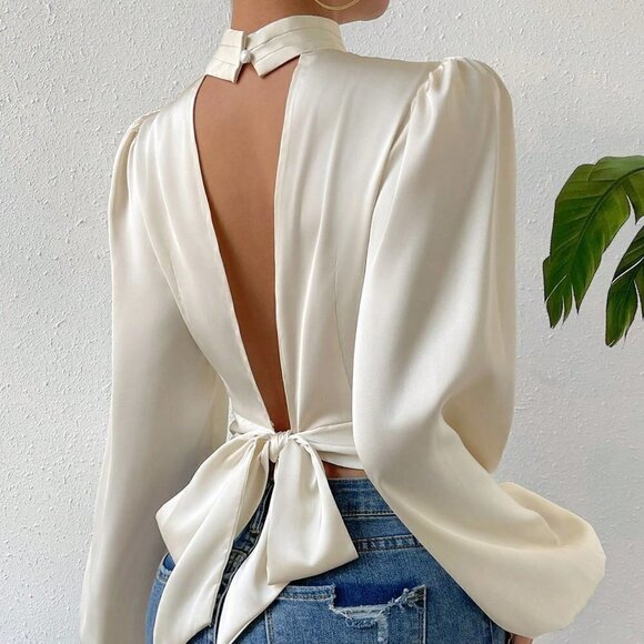 Beige Preppy Womens Tie Backless Lantern Sleeve Crop Blouse - Picture 5 of 5